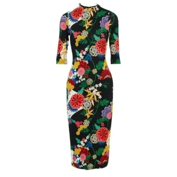 Alice + Olivia Delora Mock Neck Fitted Dress Valley Lake Floral Black.  SZ 8 - Picture 4 of 7